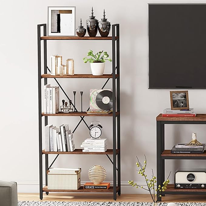 BON AUGURE Industrial Bookshelf, Etagere Bookcases and Book Shelves 5 Tier - Image 8