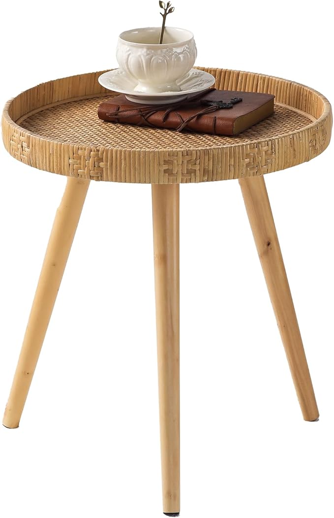 Round Rattan Side Table for Small Spaces, Boho Circle End Table Coffee Table by HuiDao