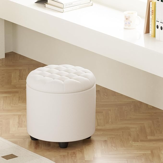 Furniliving Upholstered Button Tufted Round Ottoman, PU Storage Ottoman Round - Image 10