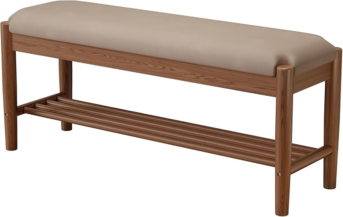 Shoe Bench Entryway with Cushion, Solid Wood Bench with Shoe Storage, 2-Tier - Image 7