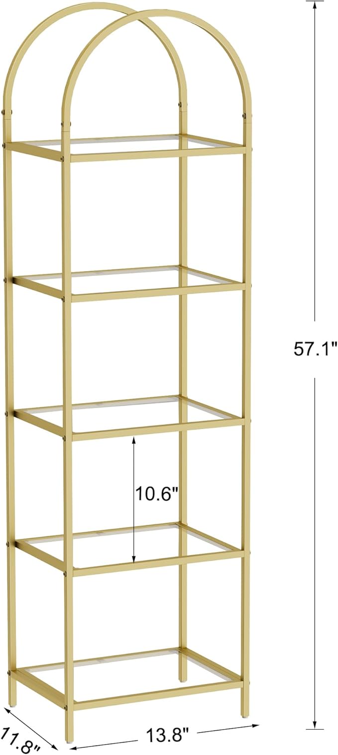 Homhedy Bookshelf Arched Display Racks, Metal Bookcase, Tempered Glass Shelves - Image 2