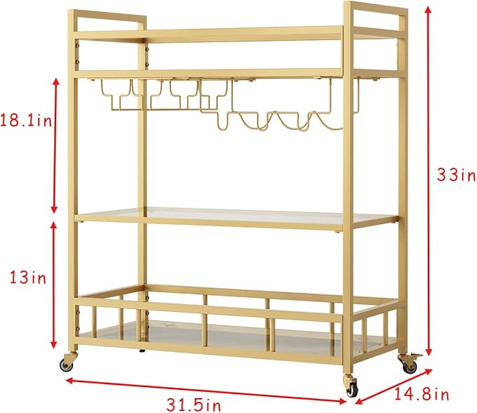Bar Cart Gold with Bottle Storage and Wine Glass, Rolling Serving Bar Cart on - Image 4