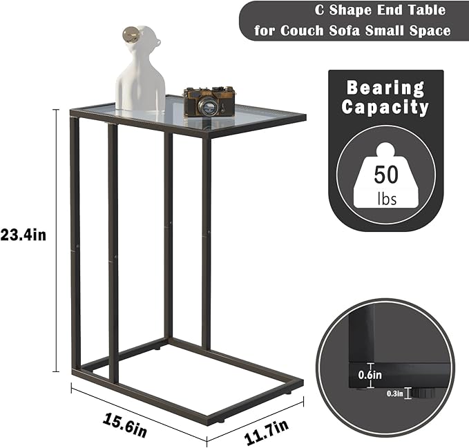 Easy Paws C Shaped End Table Set of 2, Tempered Glass Snack Side Table - Image 3