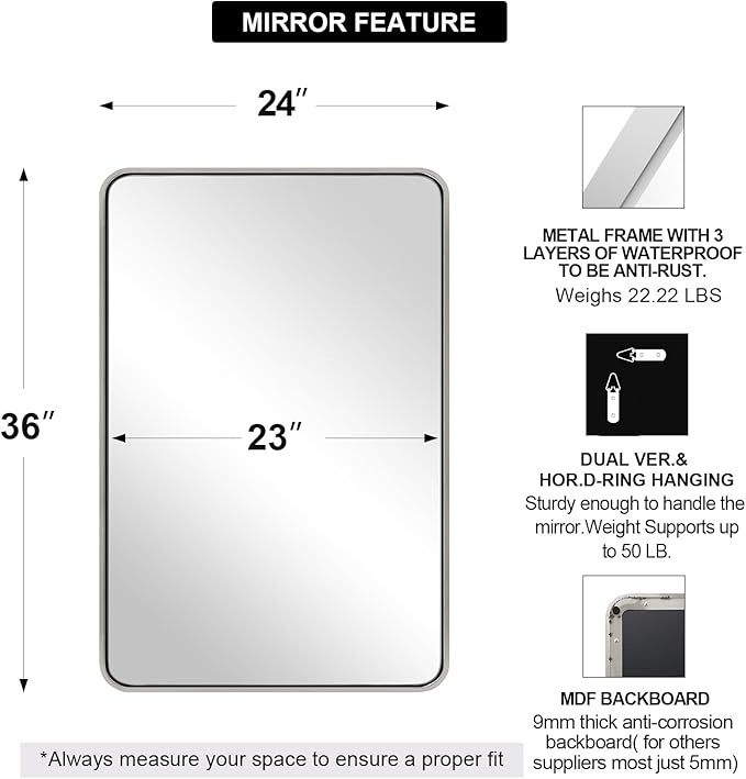 ANDY STAR Chrome Mirrors for Bathroom, 24x36’’ Rounded Rectangle Mirror - Image 2