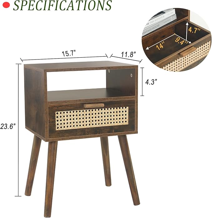 MaxSmeo Mid Century Nightstand, Rattan Side Table - Image 3