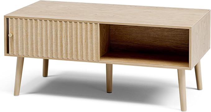 Coffee Table with Storage, Boho Dining Table with Sliding Fluted Door and Solid - Image 6