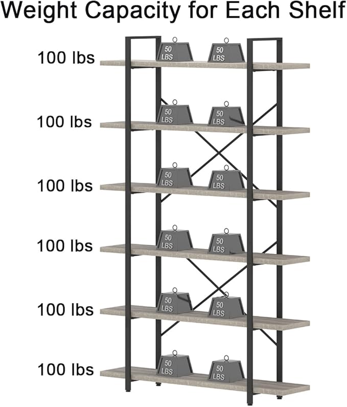 HSH 6 Tier Tall Bookshelf, Metal Wood Vertical Display Book Shelf, Industrial 6 - Image 9