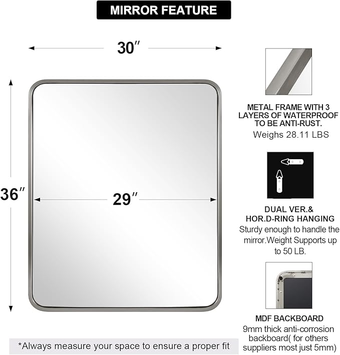 ANDY STAR Brushed Nickel Bathroom Mirror, 30x36’’ Rounded Corner Rectangle - Image 2