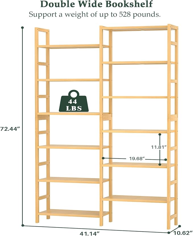 Homykic Double Wide Bamboo Bookshelf, 6-Tier Large Open Bookcase - Image 3
