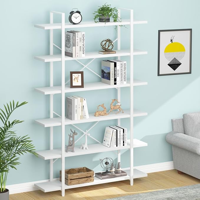 HSH 6 Tier Tall White Bookshelf, Industrial Modern Vertical Metal and Wood - Image 8