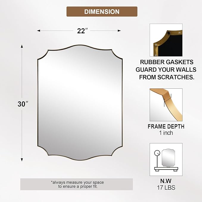 ANDY STAR Gold Vanity Mirror, 22x30 Inch Brushed Gold Mirror - Image 2