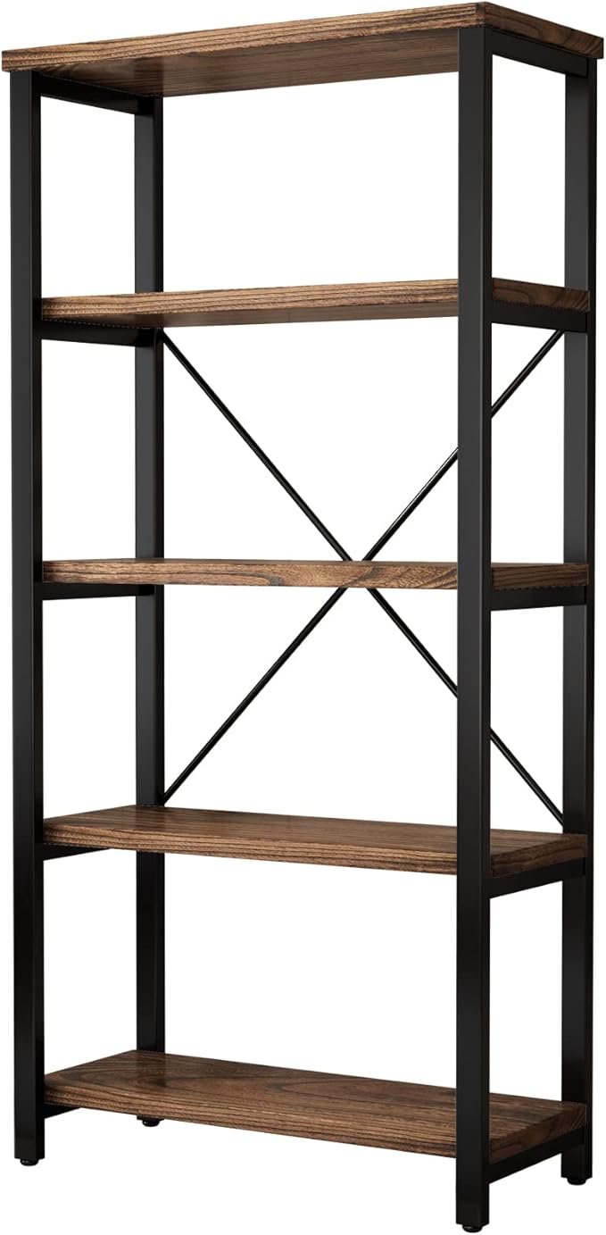 5 Tier Industrial Solid Wood Bookshelf, Open Etagere Bookcase - Image 6