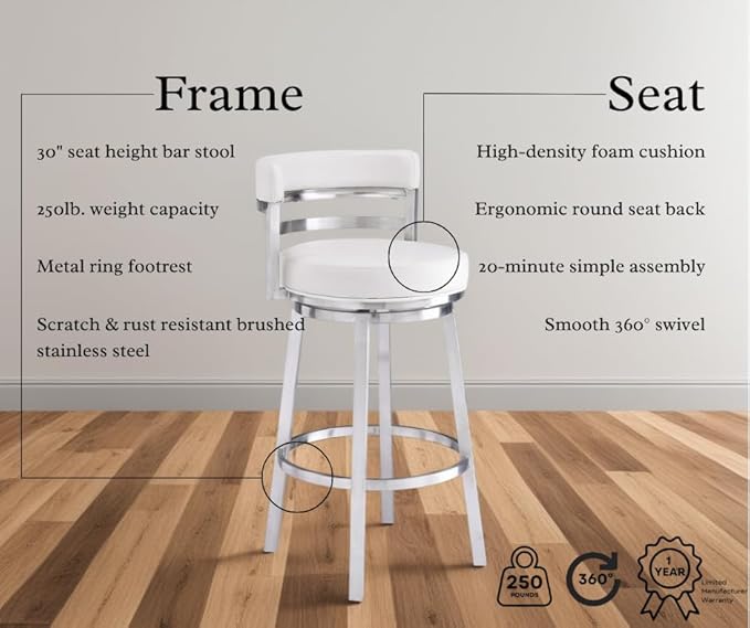 Armen Living Madrid 30" Seat Height Swivel White Faux Leather and Brushed - Image 4