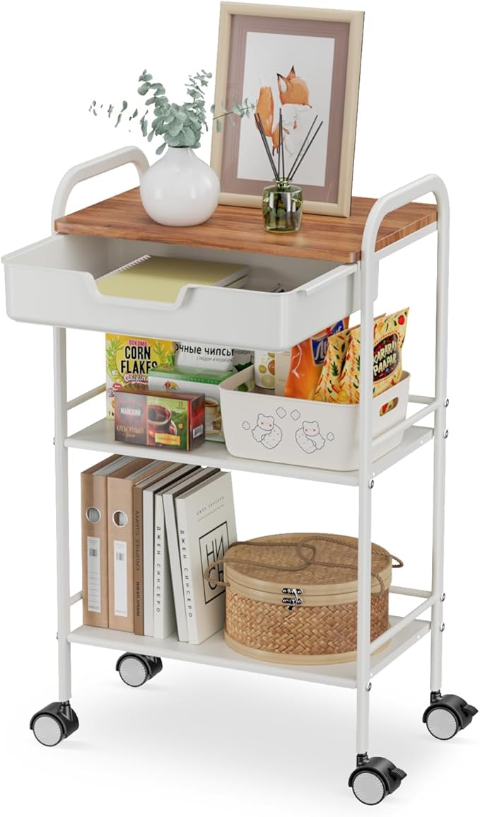 3 Tier Rolling Cart with Drawer, Metal Rolling Storage Cart with Table Top by Aratan