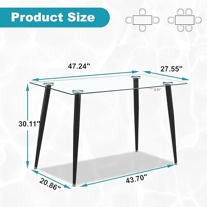 Dining Table for 6 Kitchen Table 47.2" Rectangular Modern Glass Dining Table - Image 2