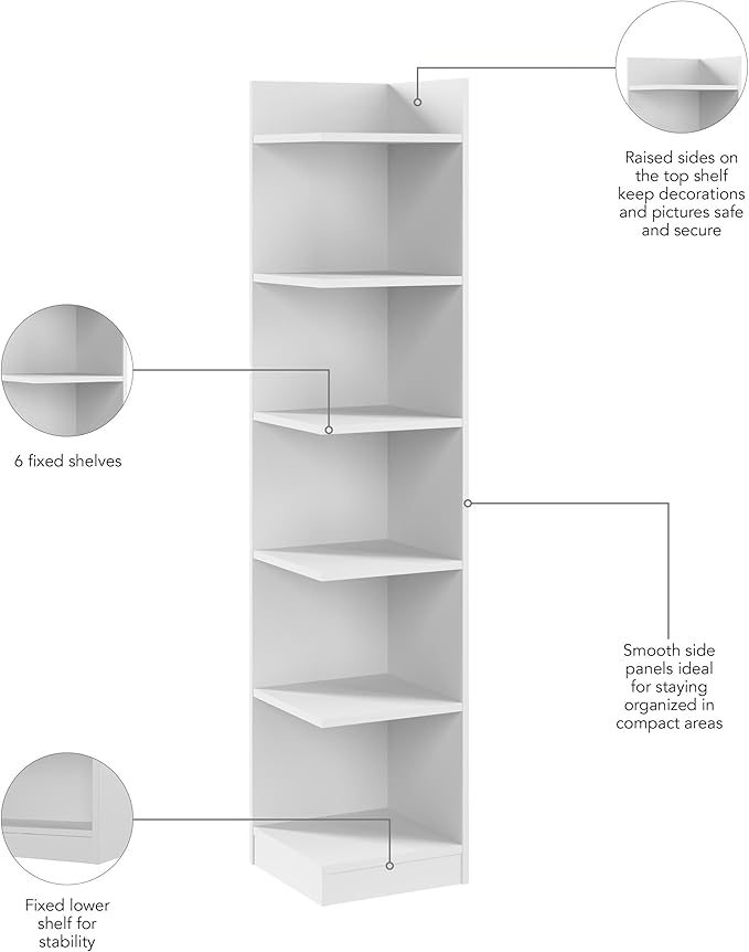 Bush Furniture Universal 15W Tall Corner Bookshelf in White, 6 Shelf Narrow - Image 5