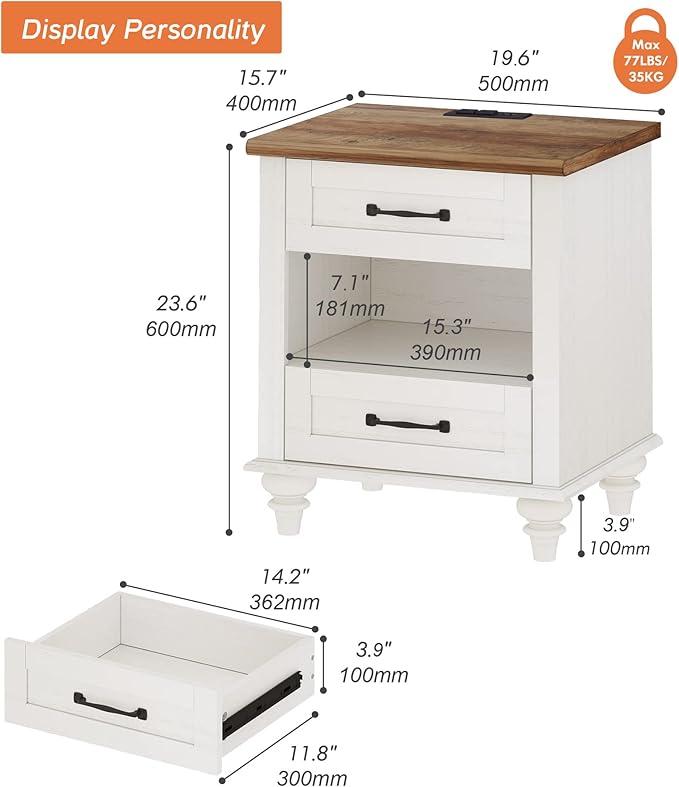 WAMPAT White Side Table with 2 Drawers & Charging Station, Mid Century - Image 2