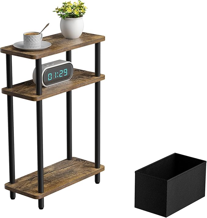 Narrow Side Table with Fabric Basket, 3 Tier Skinny End Table with Wood Legs by THUMEYE