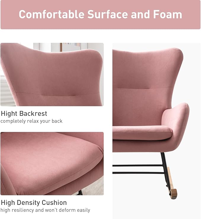Phoenix Home Rocking Chair Nursery Velvet Upholstered Glider Rocker Rocking - Image 3