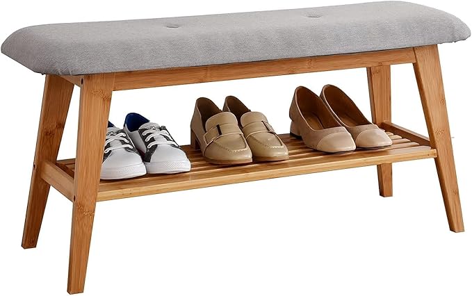 Bamboo Shoe Bench, Entryway Bench, 2 Tier Shoe Rack Bench by SOBIBO