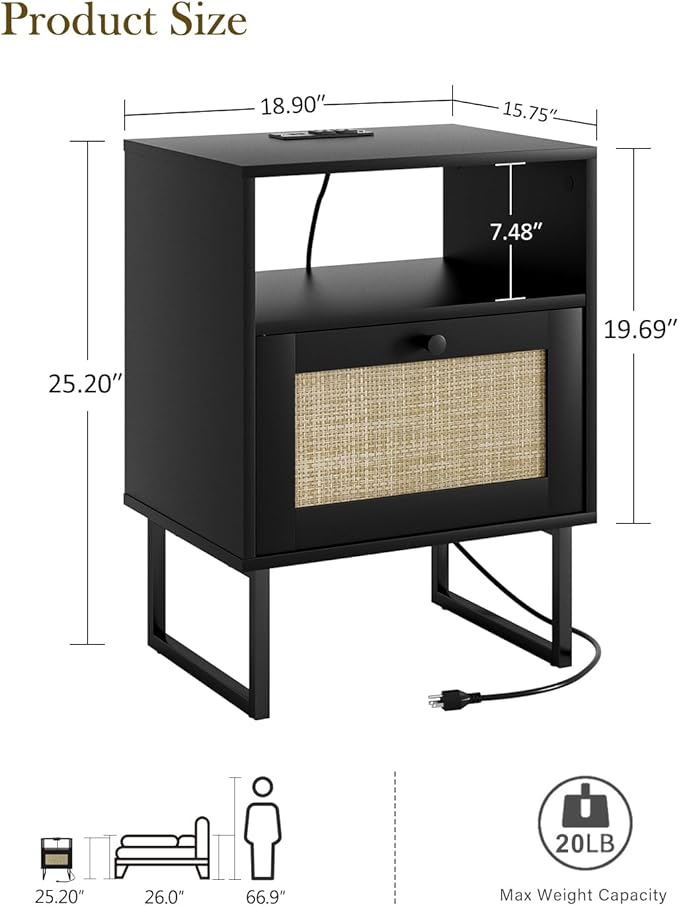 Rattan Nightstand with Charging Station, Mid Century Modern Night Stand - Image 2