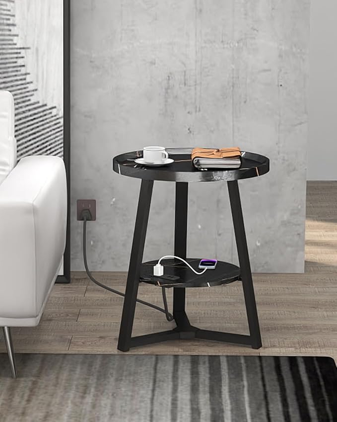 Round End Table with Charging Station, 19.7" Dia x 23.63" H, Side Table with - Image 4