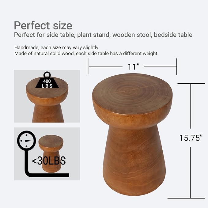 Athaliah Small Rustic Wooden Side Table – 15.75″H Tree Stump Accent Table - Image 2