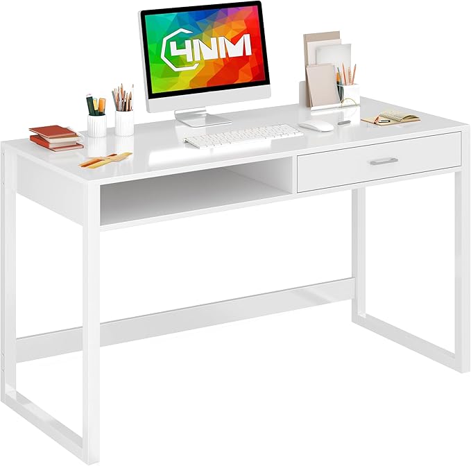 4NM 43.3" Computer Desk with Drawer, Morden White Home Office Desk, Study by 4NM