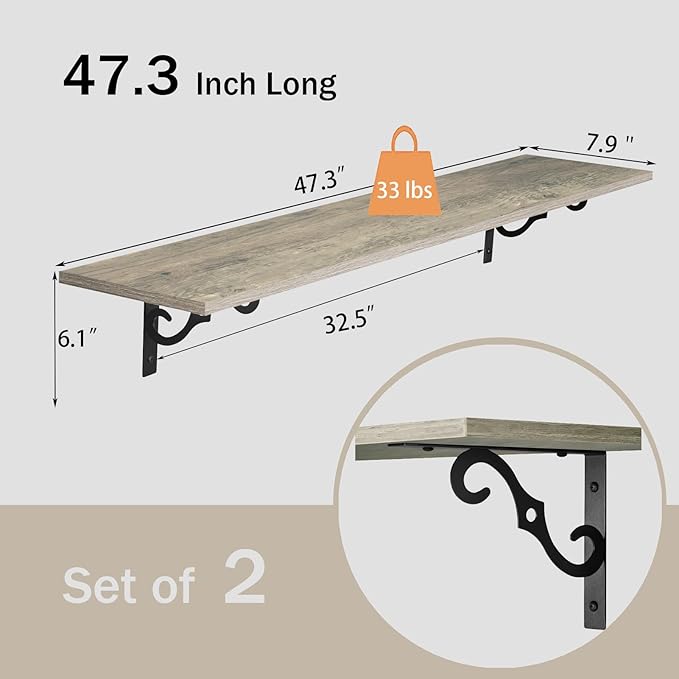 DINZI LVJ Long Wall Shelves, 47.3 Inch Large Floating Shelves Set of 2 - Image 3