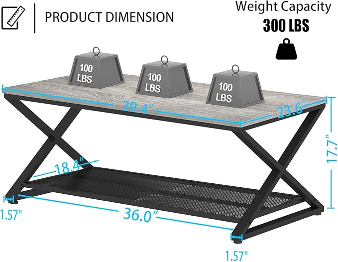 LVB Gray Coffee Table with Storage, Farmhouse Metal Wood 2 Tier Center Table - Image 2