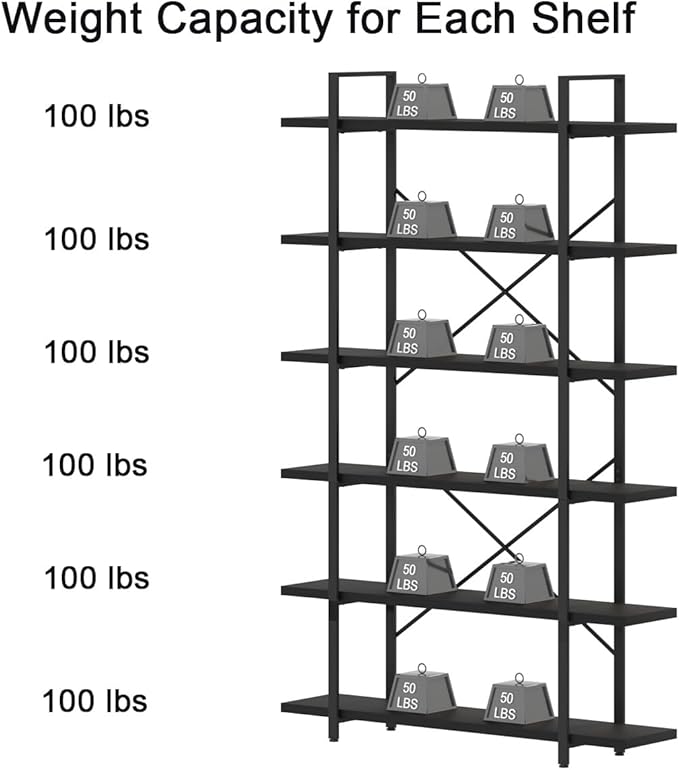 HSH 6 Tier Tall Black Bookshelf, Modern Large Storage Book Shelves & Display - Image 7