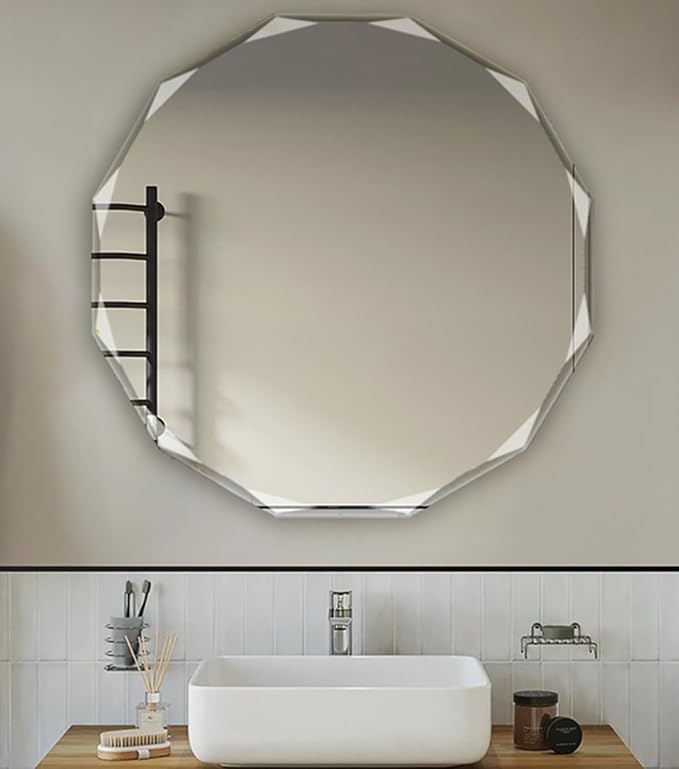 Single Beveled Edge Circle Mirror Frameless Wall Mount Bathroom Vanity Mirror by Unknown