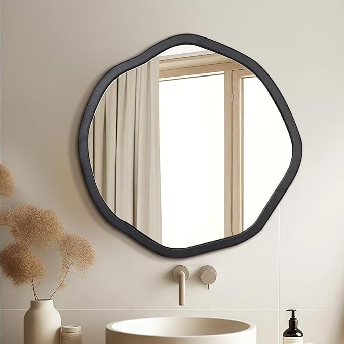 ULIKE Round Wood Mirror, 30 Inch Black Asymmetrical Circle Vanity Mirror by ULIKE