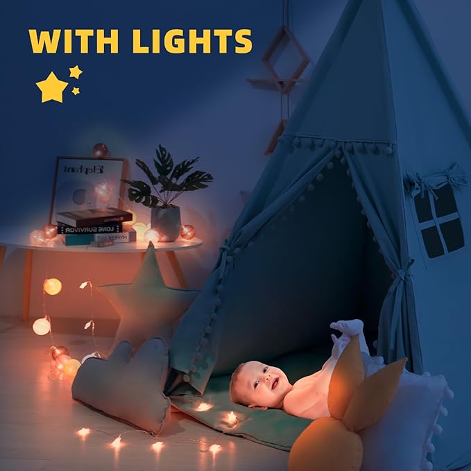Teepee Tent for Kids with Mat, Star Lights, Carry Case, Cotton Canvas Playhouse - Image 5