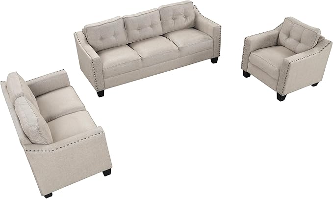 3 Pieses Living Room Sofa Sets Linen Blend Button Tufted Retro Sofa&Couch - Image 9