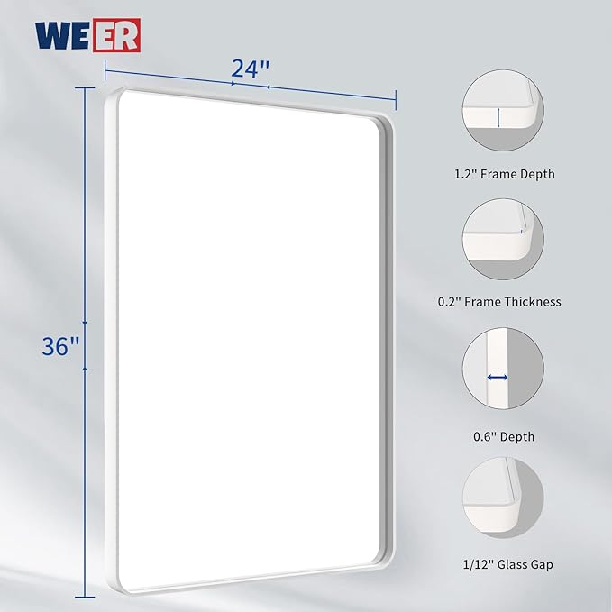 WEER White Bathroom Mirror 24X36 Inch, Rounded Rectangle White Metal Frame - Image 6