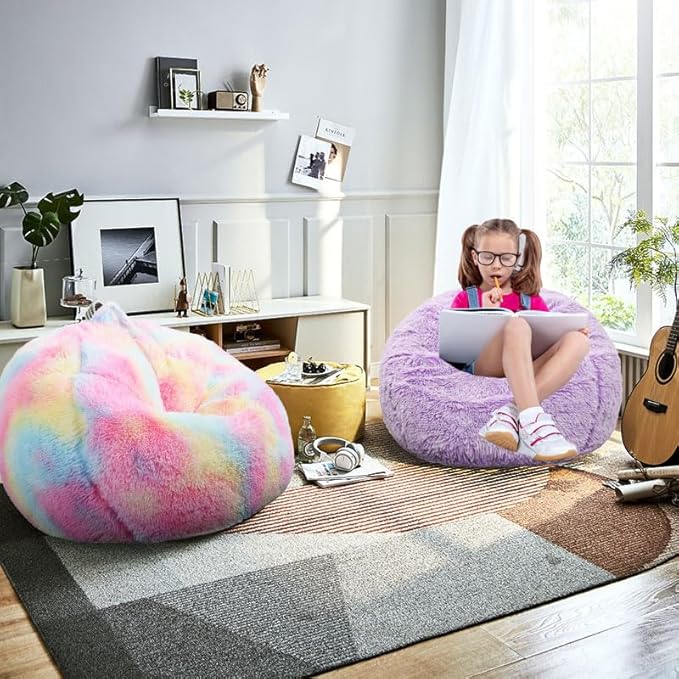 Fluffy Bean Bag Chair for Kids, 2.5FT Round Memory Foam Filled Bean Bag for - Image 2