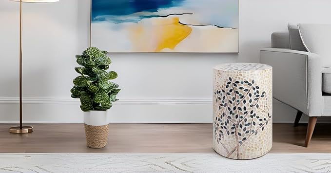 PEMAR Mother of Pearl Cylinder Drum End Table Nacre Side Stool Round Accent - Image 2