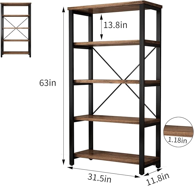 5 Tier Industrial Solid Wood Bookshelf, Open Etagere Bookcase - Image 2