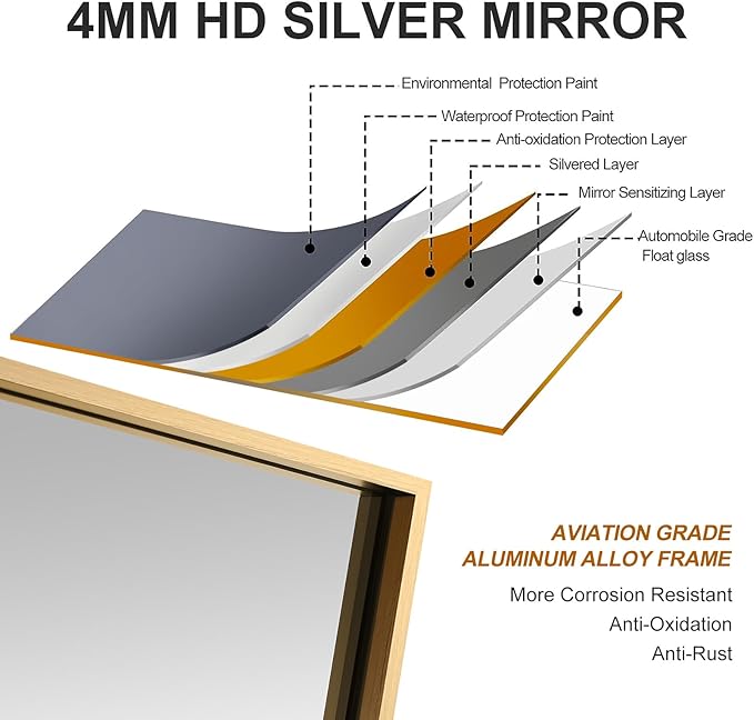 36x48 Inch Gold Bathroom Mirror, Copper-Free Aluminum Alloy Frame Vanity Mirror - Image 4