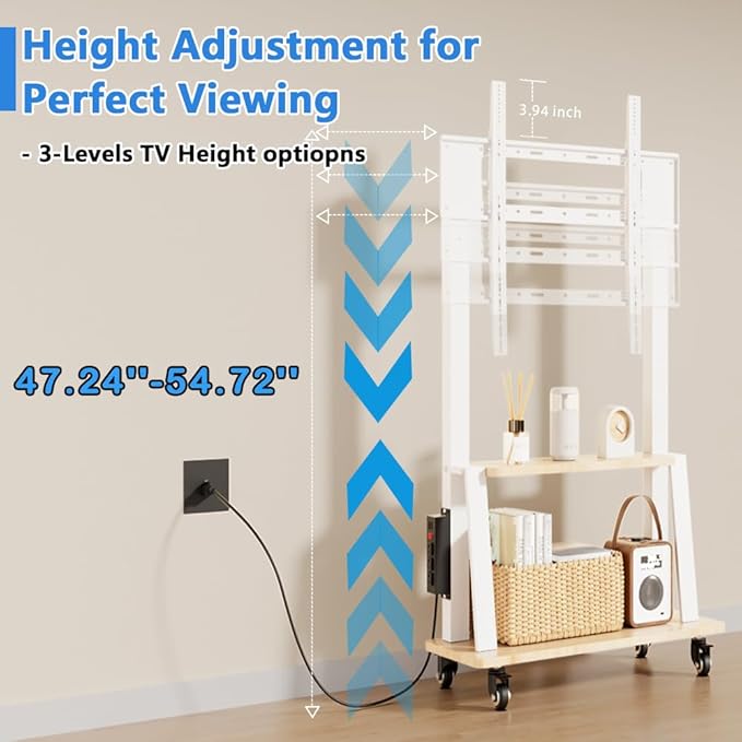 Mobile TV Stand with Power Outlet, Wood Shelf Portable TV Stand on Wheels - Image 4