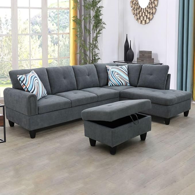 Dark Grey L-Shaped 3-Piece Flannel Sofa by Unknown