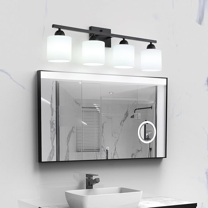 Milk Glass Vanity Lights for Bathroom, 4 Light Matte Black Bathroom Light - Image 2