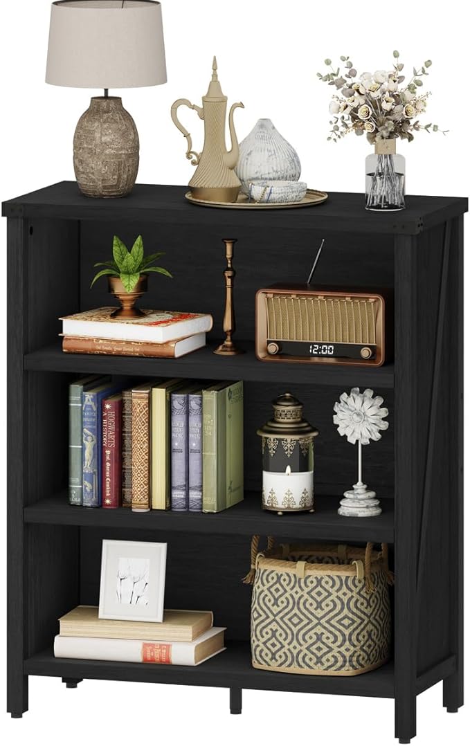 BON AUGURE Small Bookshelf, 3 Tier Black Book Shelf, Farmhouse Storage Bookcase - Image 7
