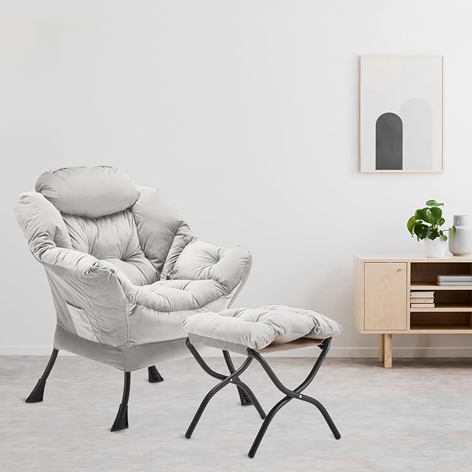 Lazy Chair with Folding Ottoman, Accent Chair Velvet Upholstered with Metal - Image 2