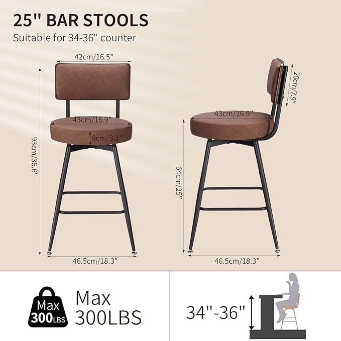 Bar Stools Set of 2, 25 Inch Swivel Bar Stools Bar Chairs, Faux Leather Counter - Image 3