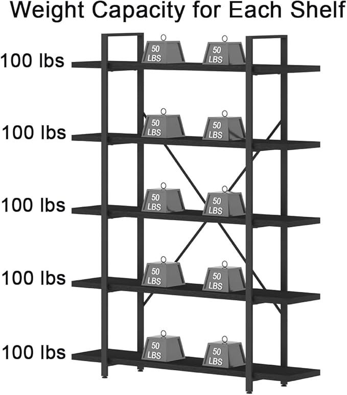 HSH 5 Tier Tall Black Bookshelf, Wood and Metal Storage Book Rack, Industrial - Image 7