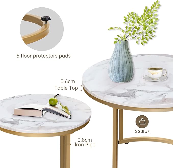 aboxoo Coffee Table Nesting White Set of 2 Side Set Golden Frame Circular Round - Image 7