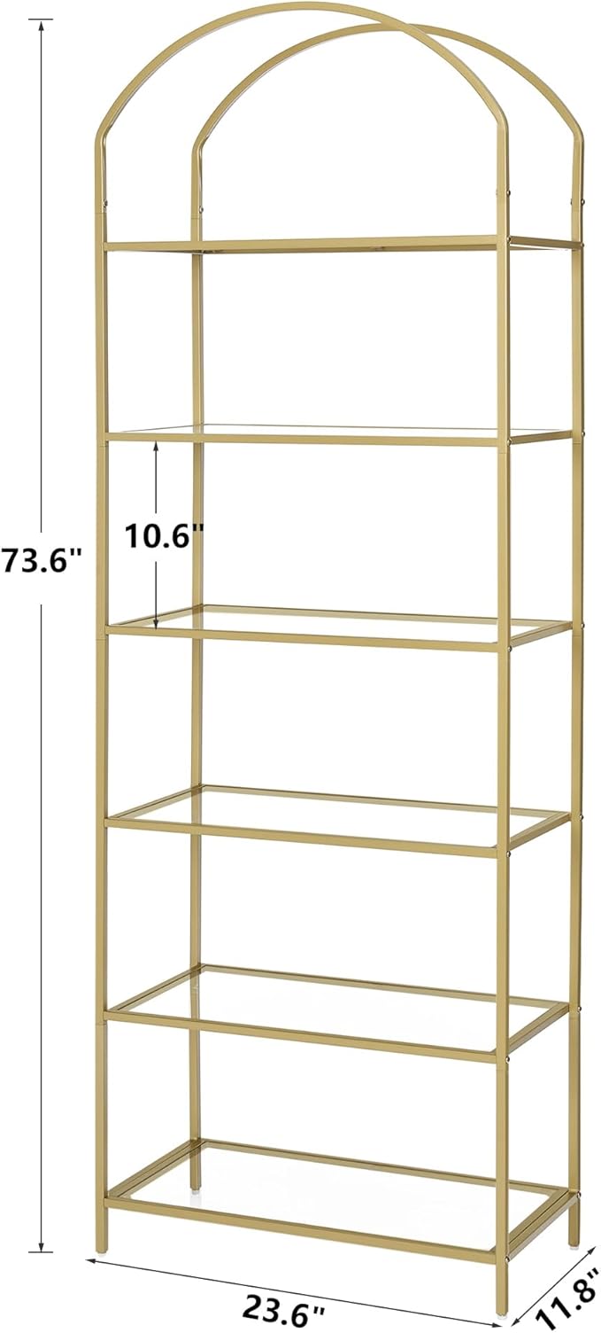 Homhedy Bookshelf Arched Display Racks, Metal Bookcase, Tempered Glass Shelves - Image 2