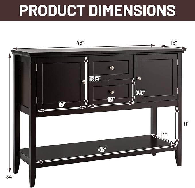 COSTWAY Buffet Sideboard, with 2 Wood Storage Drawers & Open Shelf, Console - Image 3